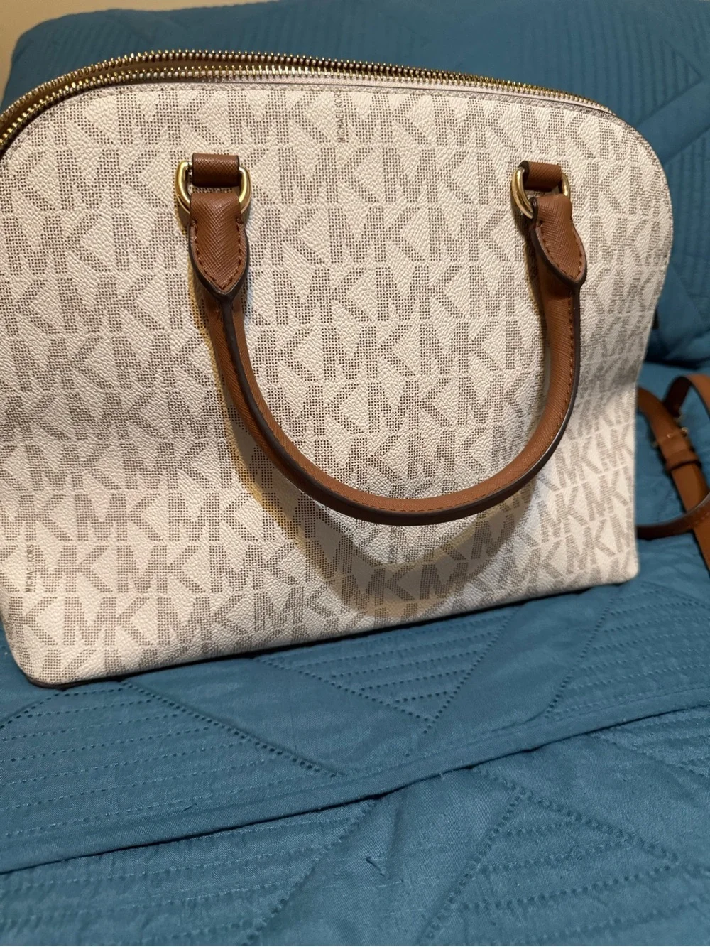 Michael Kors Cream and Brown MK Signature Dome Satchel with Removable Strap